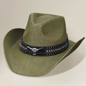 Green Steer Head Accent Studded Faux Leather Band Western Straw Cowboy Hat